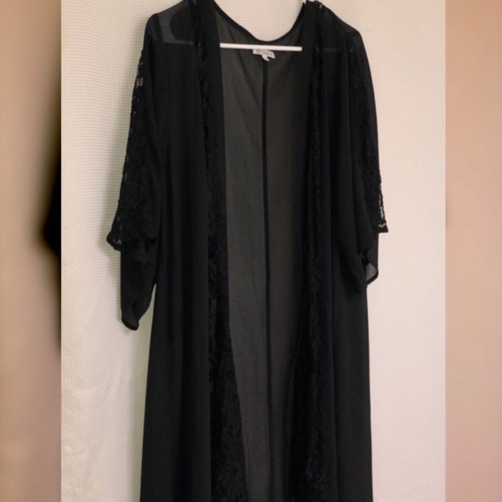 Long Black Lace Sheer Open Front Cardigan